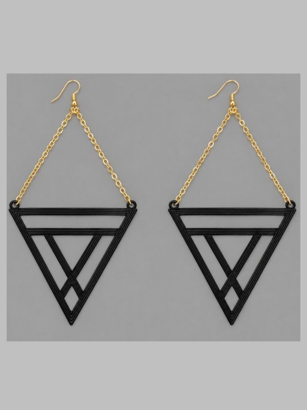 Black Gold Geometric Triangle Dangle Earrings Boho Long 6.75 Inch Statement Pair